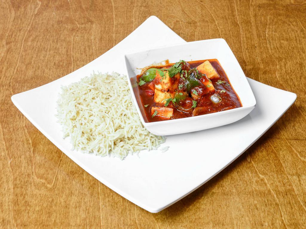 Paneer Chili  · Cottage cheese cubes tossed in spicy Chili Sauce with vegetables served with Rice