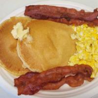 Pancake Plate · 2 pancakes, 2 sausage links, 2 pieces of bacon, 2 eggs.