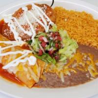 Chili relleno and enchilada plate · Comes with 1 chili relleno, 1 enchilada and rice and refried beans on the side. 