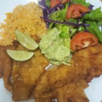 Milanesa plate · Your choice of breaded chicken or breaded steak, with romane lettuce, tomatoes, and guacamol...
