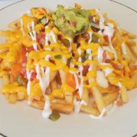 Cheese fries  · Fries topped with nacho cheese, pico de gallo, sour cream, guacamole, and jalapeños. 