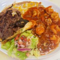 Steak with shrimp  · Comes with steak, shrimp, mushrooms, onions, jalapeño, and green onion, with rice and refrie...