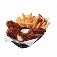 Honey BBQ Sauced & Tossed Chicken Strip Basket  · 100% all-white-meat tenderloin strips, tossed in a sweet and smoky Honey BBQ sauce, and serv...