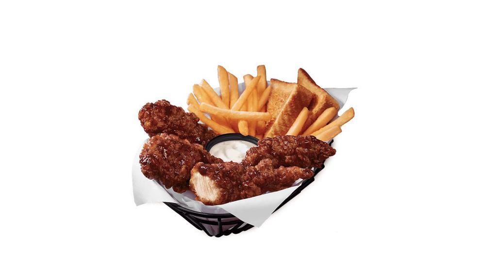 Honey BBQ Sauced & Tossed Chicken Strip Basket ·  100% all-white-meat tenderloin strips, tossed in a sweet and smoky Honey BBQ sauce, and served with Texas toast and crispy fries, and your choice of dipping sauce