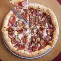 Meateater Pizza · Recommended. Pepperoni, smoked ham, italian sausage, crispy bacon with mozzarella & smoked p...