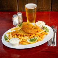 Olde English Fish & Chips · Beer battered sole fillets over french fries with tartar sauce, malt vinegar, coleslaw, and ...