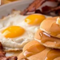 Pancakes bacon and eggs platter · pancakes and eggs,bacon or your choice of meat.