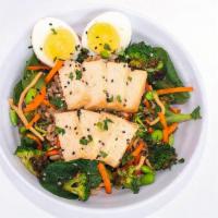 Miso Power Bowl · Miso Tofu, Farro, Spinach, carrots, hard boiled egg, edamame, roasted broccoli, crunchy nood...