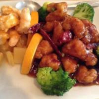 S17. Dragon and Phoenix · Szechuan shrimp and general tso's chicken. Hot and spicy.
