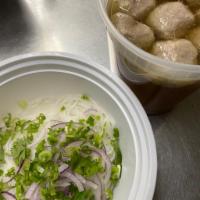 PH6. Pho with Meatballs · Served with flat rice noodle, onion, scallion, cilantro in beef broth.