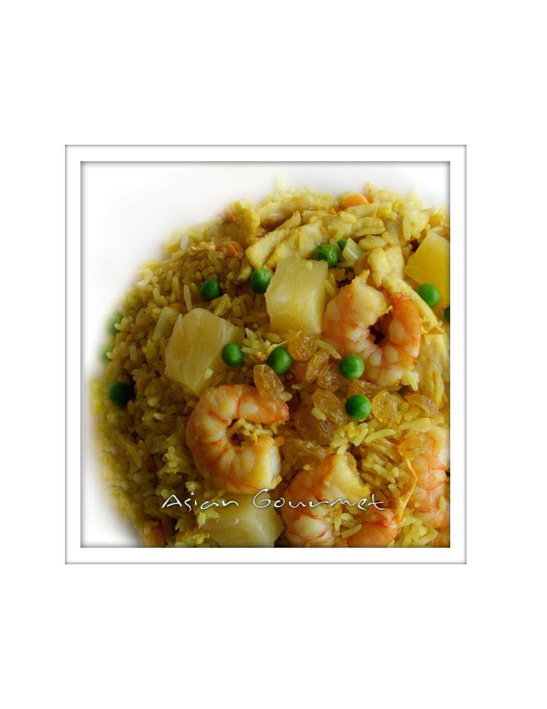 Thai Pineapple Fried Rice · With pineapple, raisin, chicken, shrimp, onions, peas, and egg.