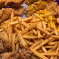 Chicken Tenders & Fries Combo Platter · Marinated seasoned chicken breast. Battered and deep-fried with your choice of dipping sauce.