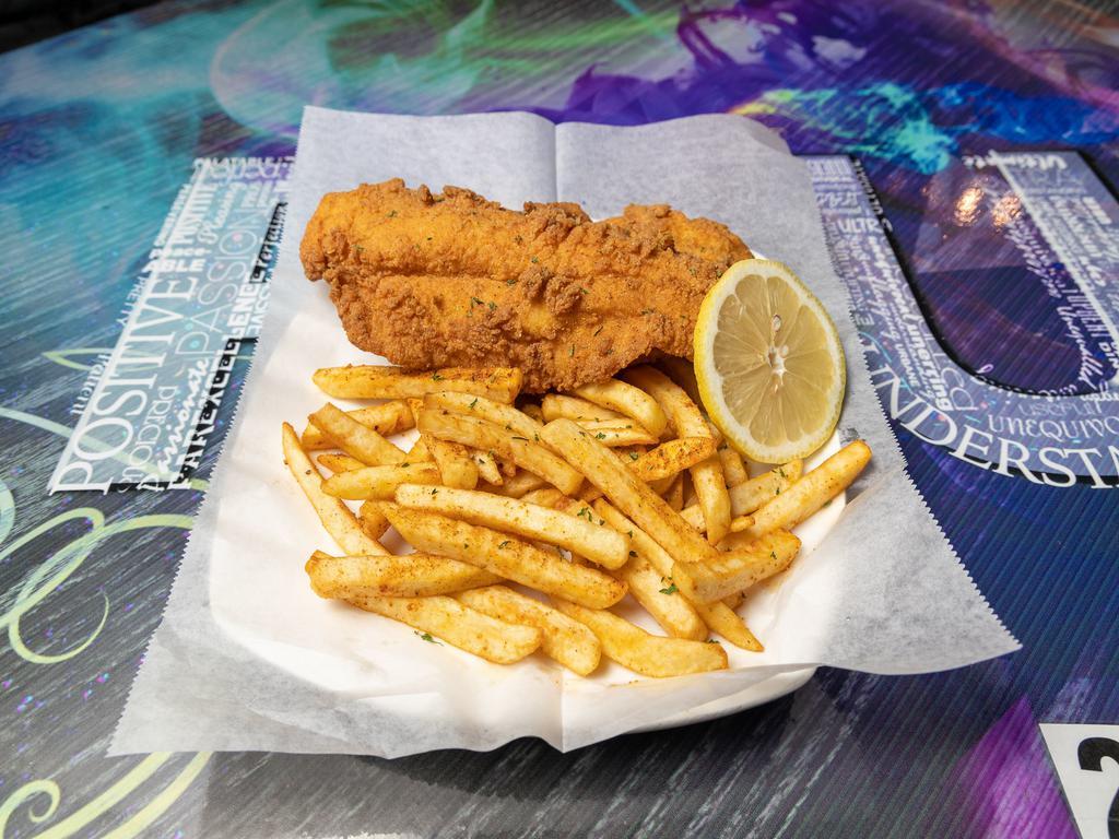 Catfish & Fries Combo Platter · Seasoned fresh fish fillets battered and deep-fried to golden perfection. Served with seasoned fries.