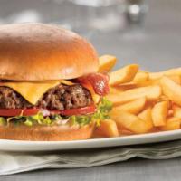 Burger Basket · 8 OZ SEASONED BEEF PATTY WITH CHEESE, LETTUCE, TOMATOES, PICKLES AND ONIONS ON A SOFT BUTTER...