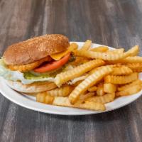 52. Chicken Burger w/ French Fries · Includes Cheese, Onions, Pickles, Lettuce, Tomatoes and Mayo