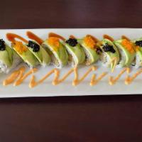 Dragon Roll · Tempura shrimp, asparagus, avocado, spicy eel sauce, masago.