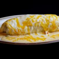 Shrimp Wet Burrito · A large flour tortilla stuffed with rice, beans, delicious shrimp, and topped with creamy sa...