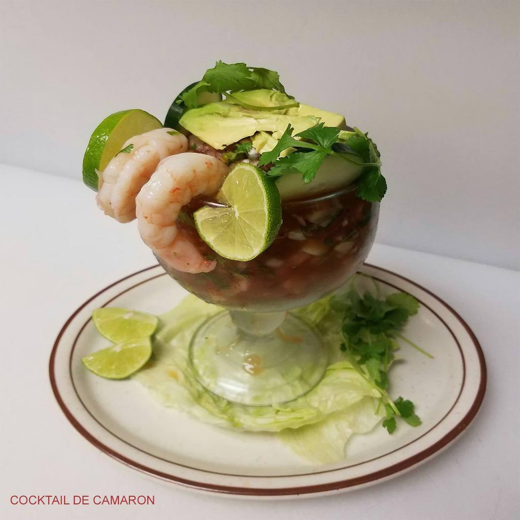 Cocktail de Camaron · Select shrimp in our special cocktail sauce, prepared with tomatoes, onions, cilantro, cucumber, avocado and lemon. Served with crackers.