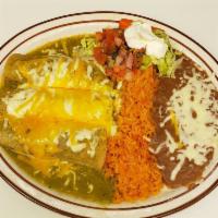 Enchiladas Verdes · Popular. Three enchiladas (chicken, shredded beef, ground beef, or cheese) topped with green...