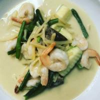 Green curry  · Green curry, string bean, bamboo shoots, zucchini, thai eggplant basil leaves and coconut mi...