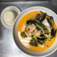 Seafood Thai Curry · Mixed seafood shrimp, squid, mussel with bamboo shoot, eggplant, basil in coconut milk and r...