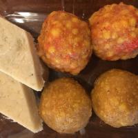 Assorted Vegan Mithai · Assorted boondi and motichoor laddus, kaju katri made of fried gram flour, sugar, cardamom, ...