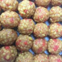 Boondi Laddu · Soft gram flour pearls, fried in light soybean oil, with cardamom, nutmeg, sugar syrup and s...