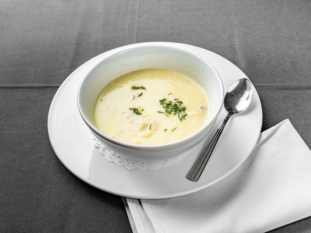 Avgolemono Bowl Soup · Classic egg lemon soup with chicken and orzo.