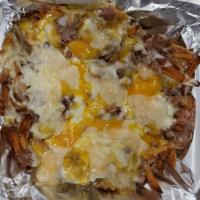 Trash Fries · Smothered with provolone, cheddar and mozzarella cheese plus sausage and steak.