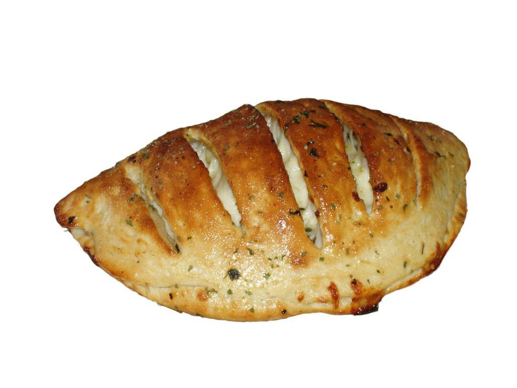 Calzone · Turnover shaped pizza dough, filled with ricotta, Romano and mozzarella cheeses and sauce on the side.