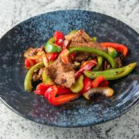Mongolian Beef · Red pepper, green pepper, yellow onion.