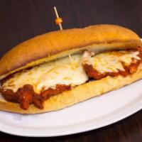 Chicken Parm Sub · Breaded chicken breast with house made marinara sauce, mozzarella cheese & Parmesan cheese.