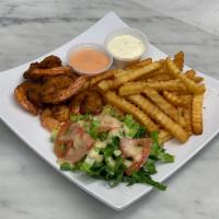 JUMBO SHRIMP & FRIES PLATTER · Fresh jumbo shrimp seasoned and breaded in house with crispy french fries & side salad.