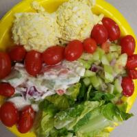 Egg Salad Platter · Cucumber, tomato, lettuce, coleslaw (low in sugar and low-fat mayonnaise).
