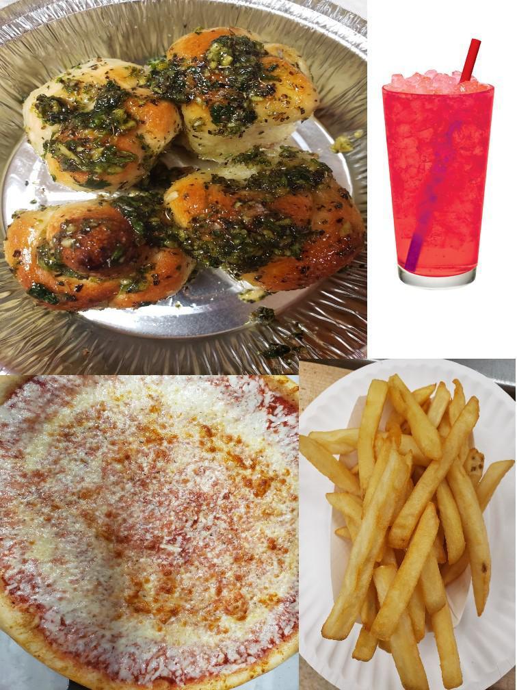 Family Special · Large regular pie, large french fries, garlic knots, and free 32 oz. of jumbo soda.
