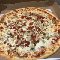 Bella Special Pizza · Grilled chicken, artichoke hearts, roasted peppers and mushrooms.