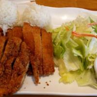 10. Chicken Katsu · Panco coated deep-fried crispy chicken cutlet served with house special katsu sauce, steamed...