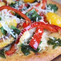Large Mediterranean Pizza · On a light garlic-based pizza, we layer mozzarella, roasted red peppers, artichokes, baby sp...