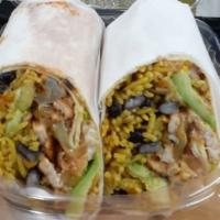 BU2. Chicken Burrito · Grilled chicken, avocado, rice, black beans, grilled onions, and peppers, Gouda cheese with ...