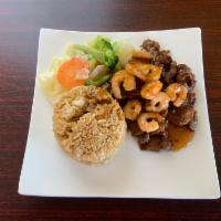 Beef and Shrimp Teriyaki · Shrimp and beef served with mixed vegetables.