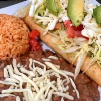 Flautas Plate Plate · Choice of beef or chicken. Served with rice and beans, salad, sour cream, and avocado.