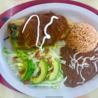 Chile Relleno Plate  · Chile poblano stuffed with cheese bathed in a delicious Mexican sauce accompanied with rice ...