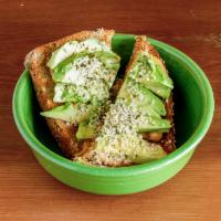 Avocado Toast (GF +$2) · Organic bread with sliced avocado, hemp seeds, and special vegan sauce. GF available.