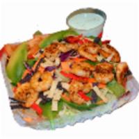 Shrimp Salad · Lettuce, tomatoes, spinach, carrots, cabbage, tortilla chips and avocado.