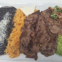 Carne Asada · Comes with Rice and Beans, Pico de Gallo and Jalapenos