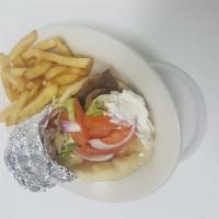 1. Gyro Platter · Choice of meat on a pita with salad and french fries.