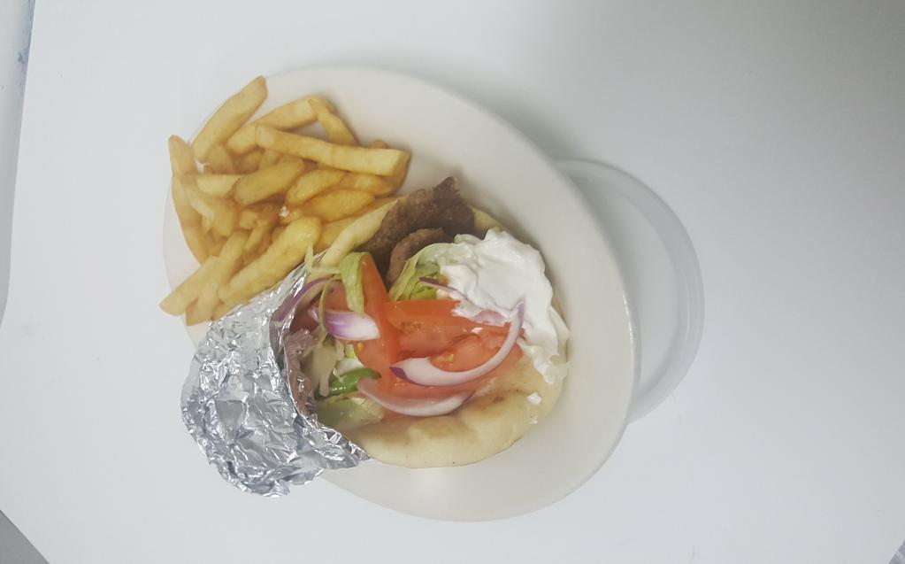 1. Gyro Platter · Choice of meat on a pita with salad and french fries.
