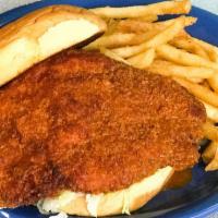 Buffalo Chicken Sandwich · Deep fried crispy chicken breast dipped in HOEmade buffalo sauce served on a toasted potato ...