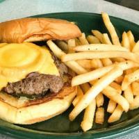 OG Burger · Fresh ground beef with grilled onion, topped with melted american cheese and sliced picked o...