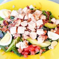 Dr Bob’s Cobb Salad · Grilled chicken, cheddar cheese, blue cheese crumbles, tomato, avocado, hard boiled egg and ...